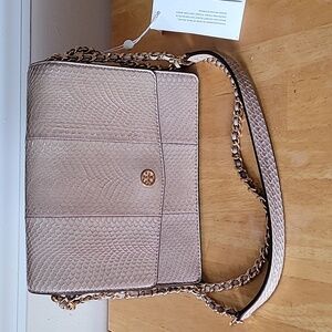 Tory Burch Robinson Exotic Snake Leather Convertible Shoulder Bag in Light Taupe